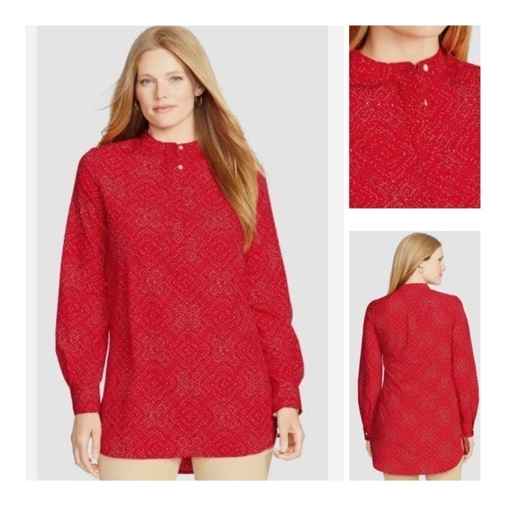 Lauren RALPH LAUREN Red and Cream Print Tunic Blouse